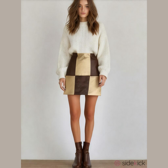 NWT Blue Blush Faux Suede Skirt Women Medium Checkered Brown Tan Mini Colorblock - Picture 1 of 5